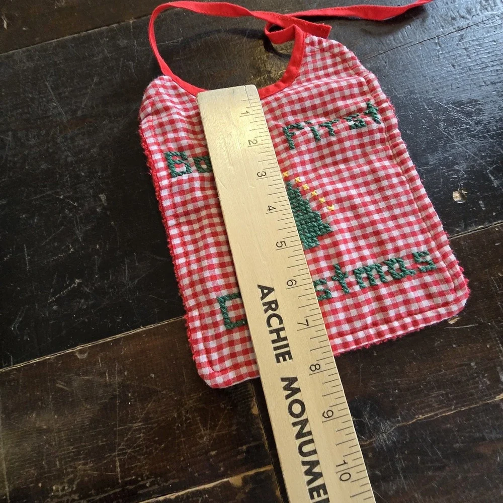Vtg 80s Gingham Check Embroidered Cross Stitch Infant Bib Baby's First Christmas